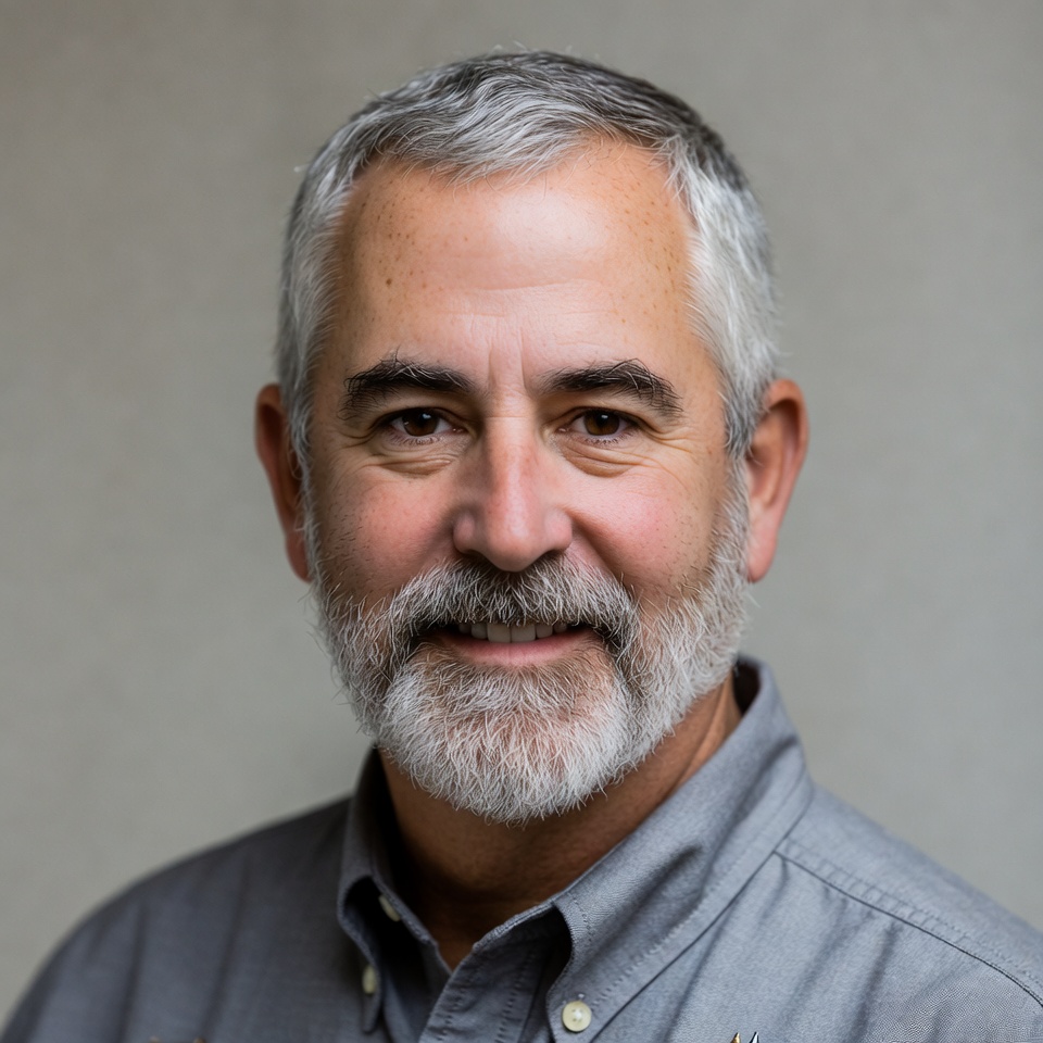 Man with gray beard smiling indoors Man with gray beard smiling indoors