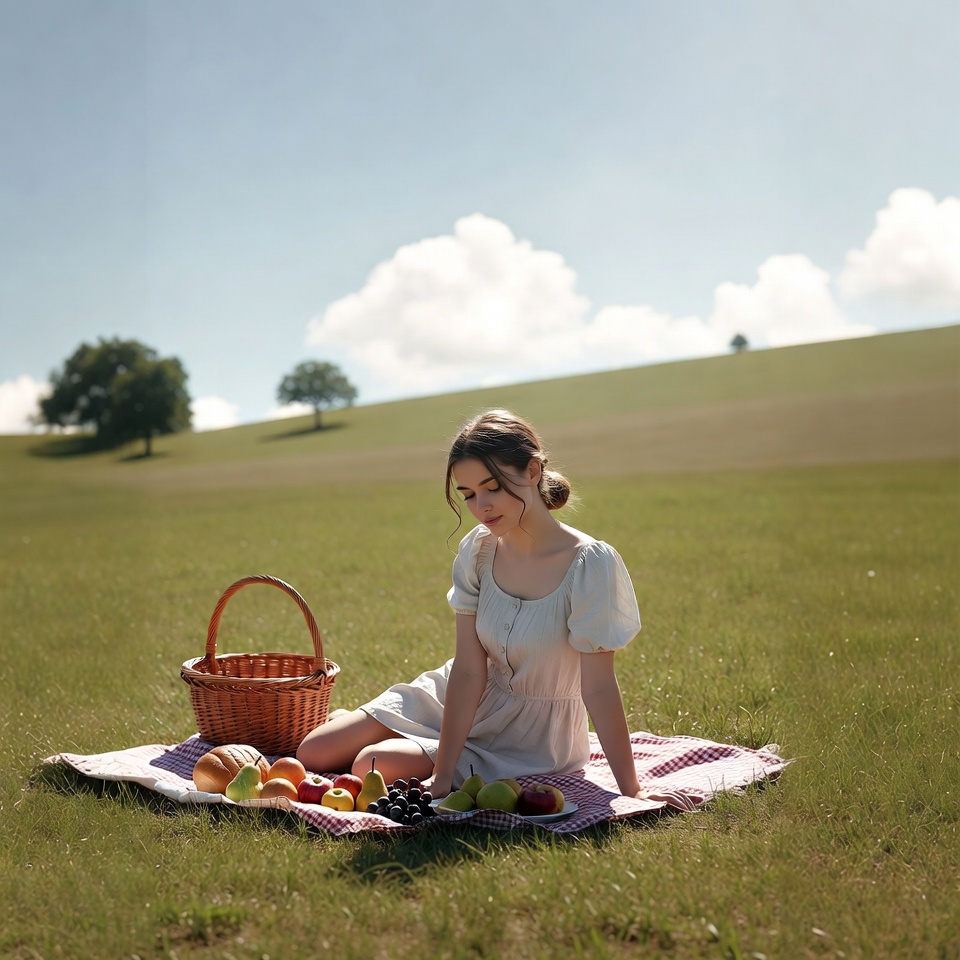 Girl sitting on grass with basket Girl sitting on grass with basket