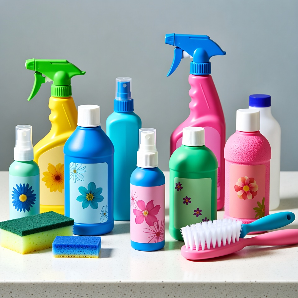 Cleaning supplies on a countertop Cleaning supplies on a countertop