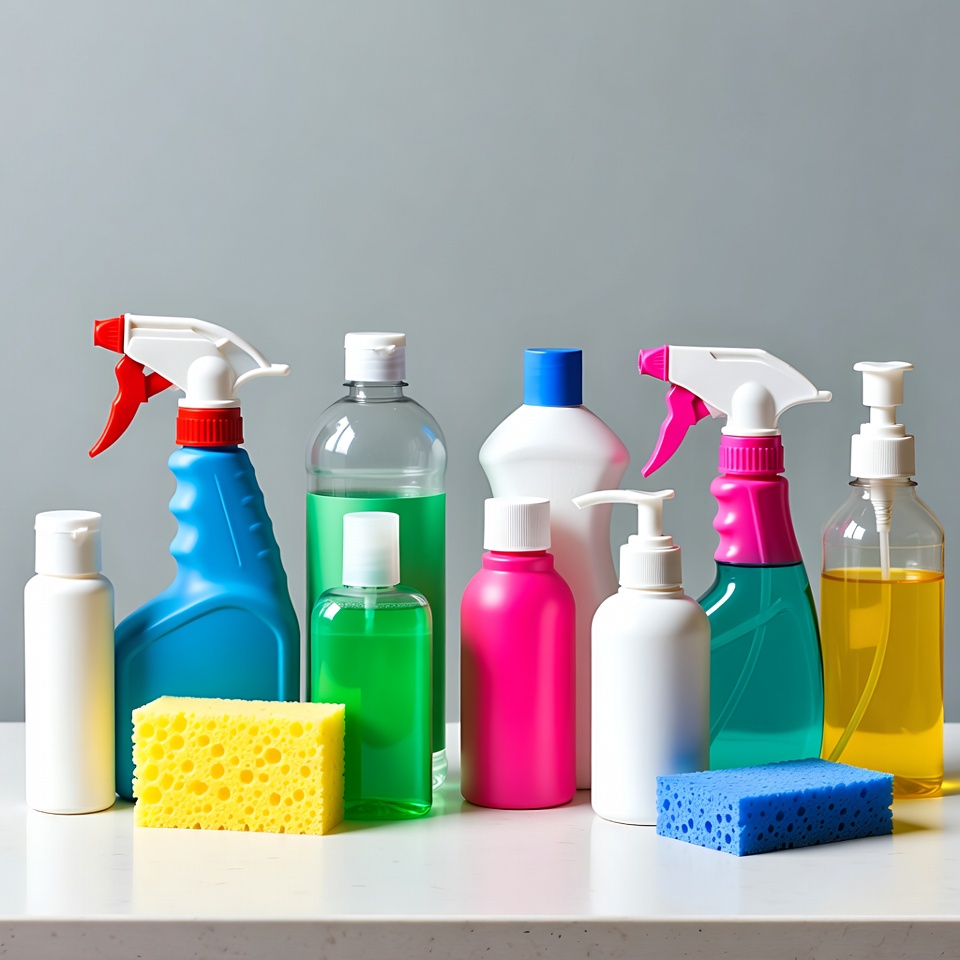 Cleaning supplies arranged on a table Cleaning supplies arranged on a table