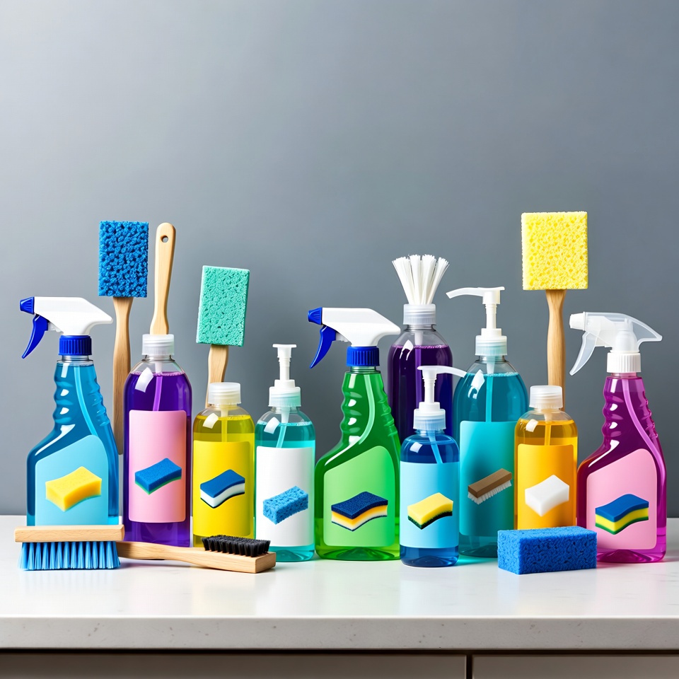 Cleaning supplies on a table Cleaning supplies on a table