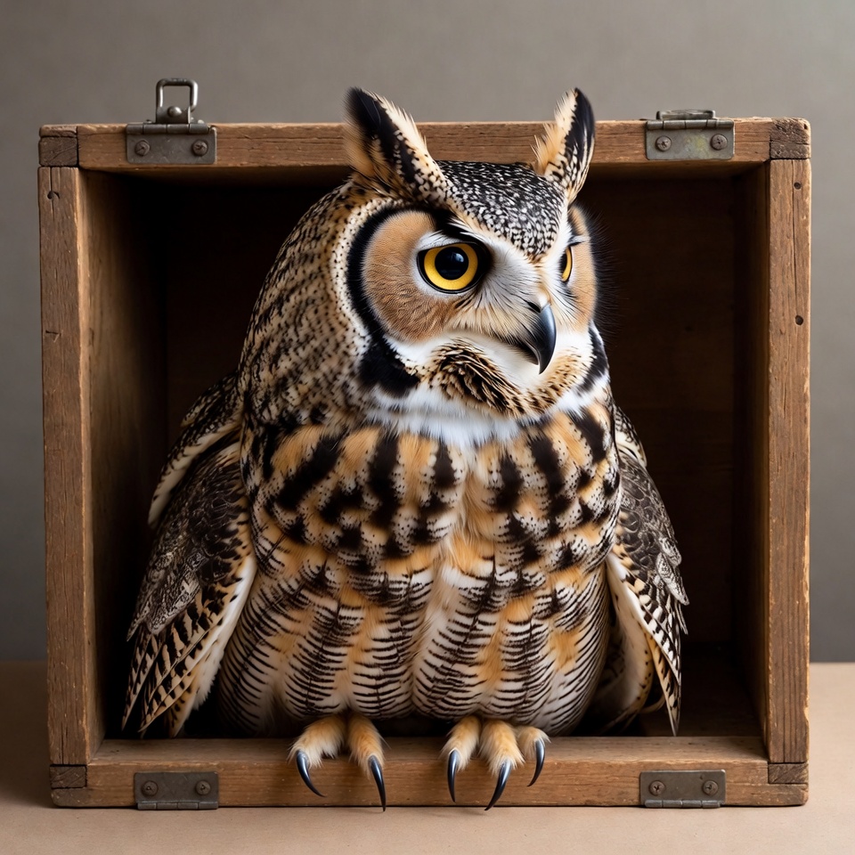 Owl sitting in wooden box Owl sitting in wooden box