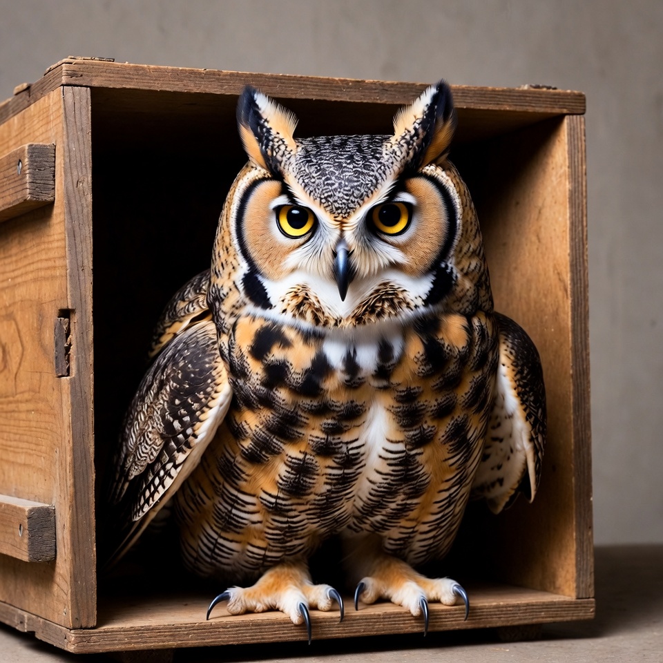 Owl sitting inside a wooden box Owl sitting inside a wooden box