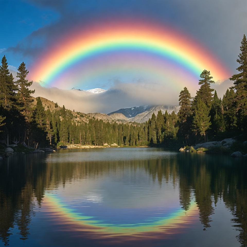 Rainbow over mountain lake scene Rainbow over mountain lake scene