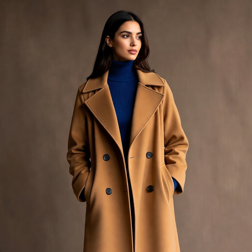 Model wearing coat indoors in autumn light Model wearing coat indoors in autumn light
