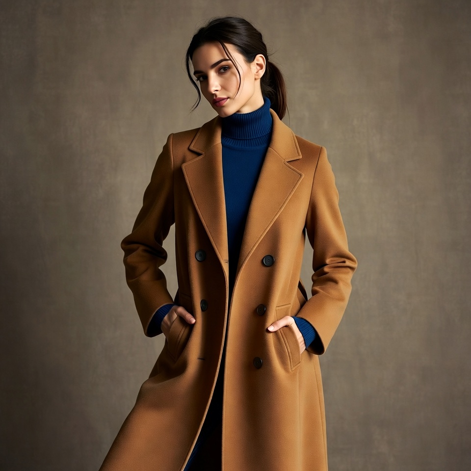 Model poses in coat and turtleneck outfit Model poses in coat and turtleneck outfit