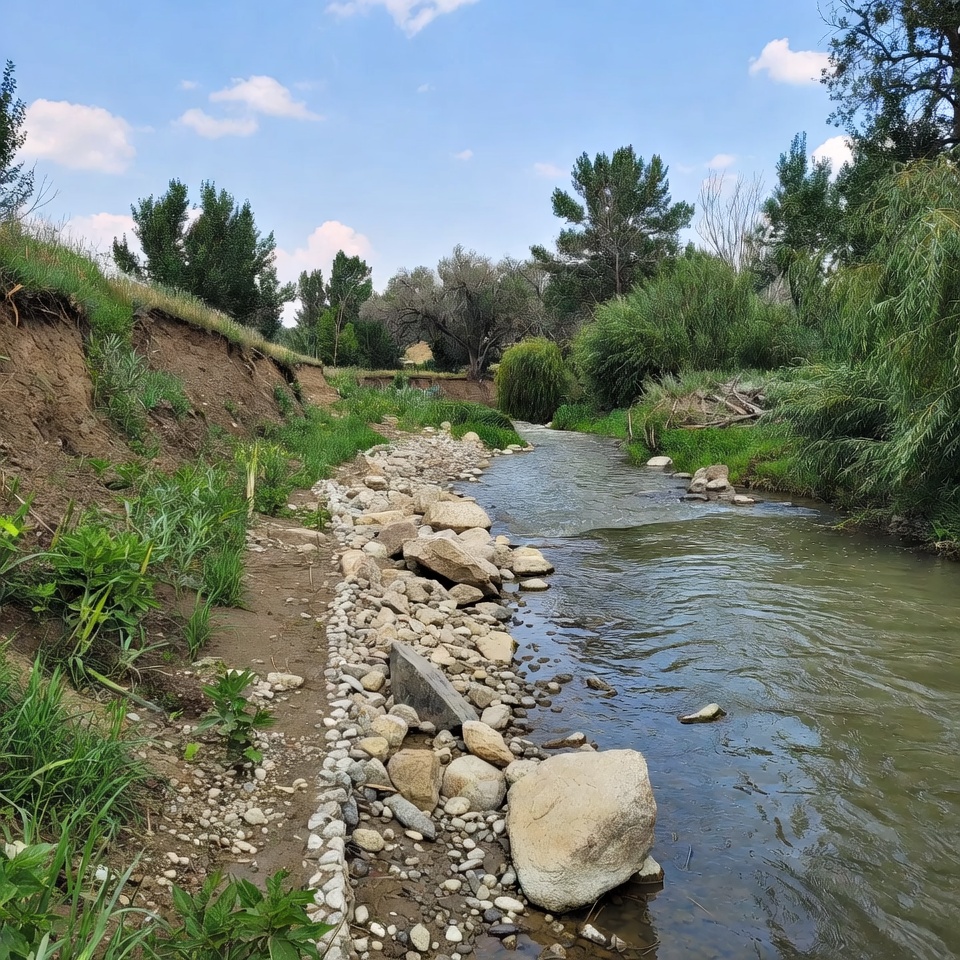 Riverbank with stones and vegetation near water Riverbank with stones and vegetation near water