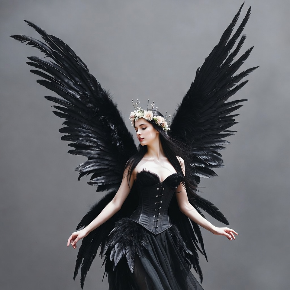 Woman dressed in black with wings Woman dressed in black with wings