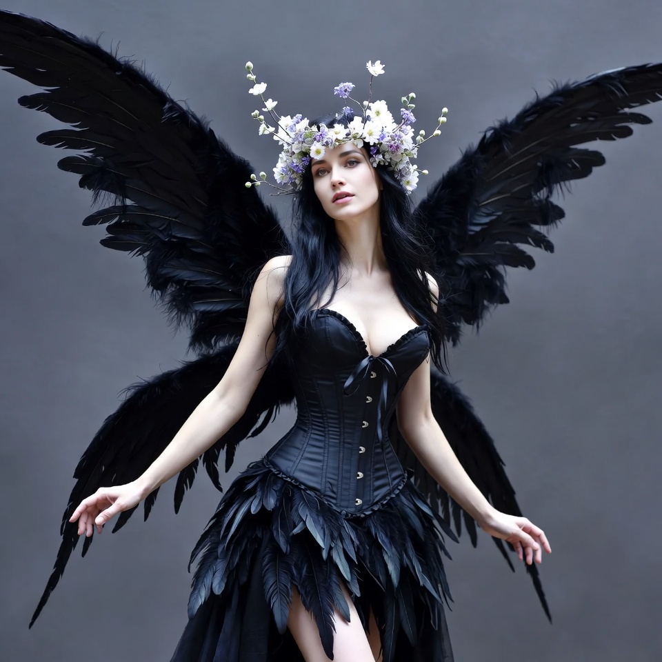 Woman with black wings and flowers Woman with black wings and flowers
