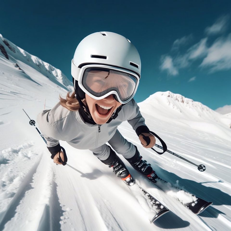 Skiing at high speed in snowy mountains Skiing at high speed in snowy mountains