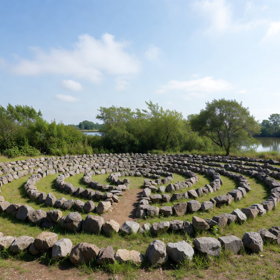 Stone labyrinth at lakeside location Stone labyrinth at lakeside location
