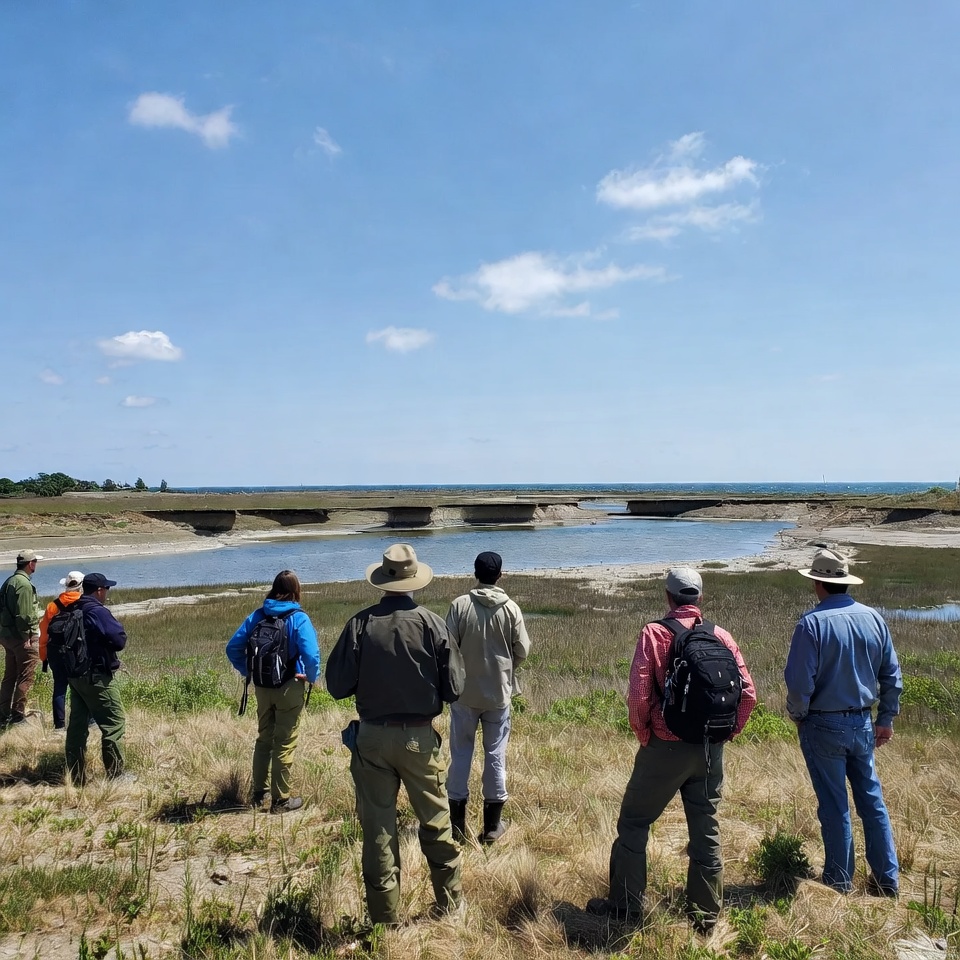 Group observes landscape by water Group observes landscape by water