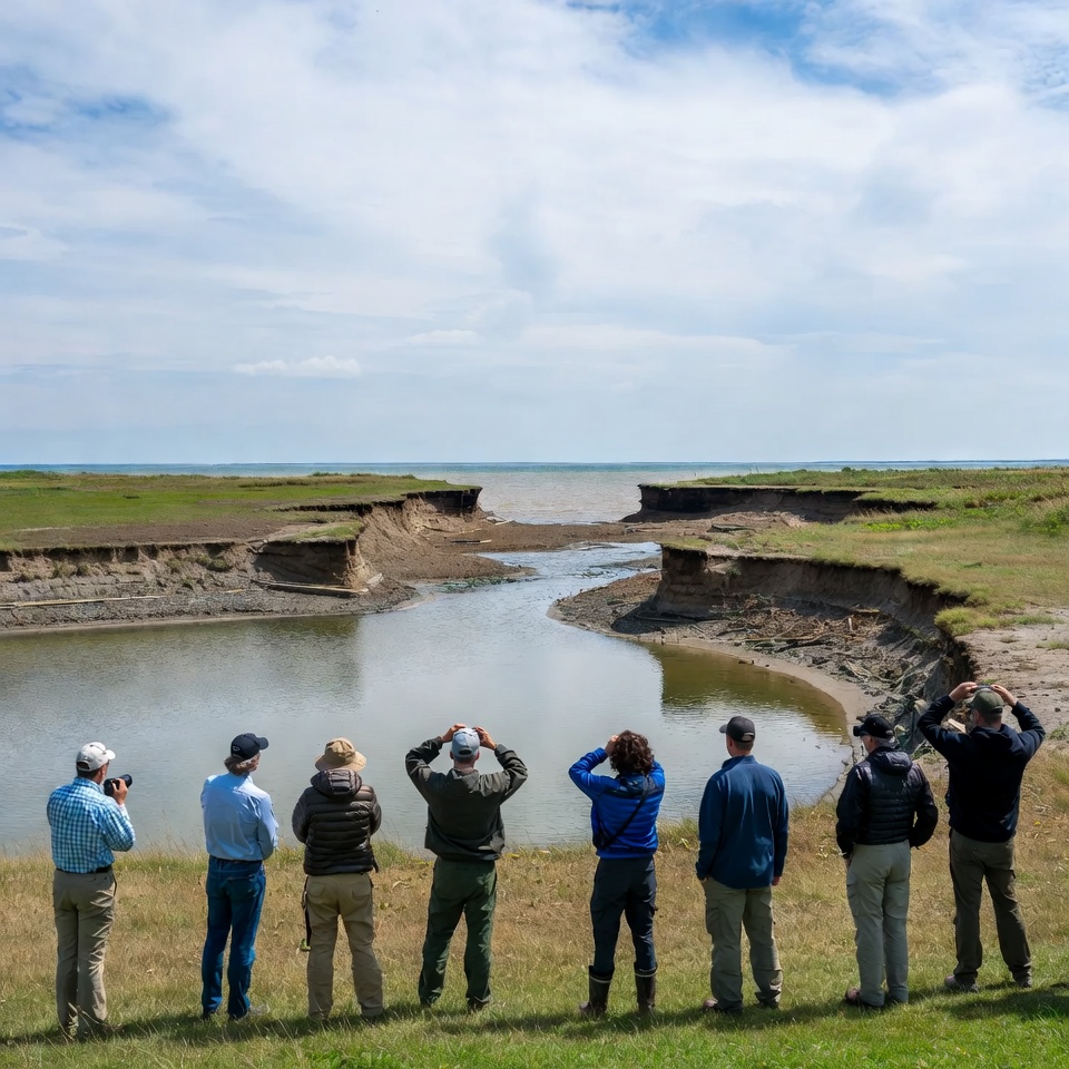People observing a coastal erosion site People observing a coastal erosion site