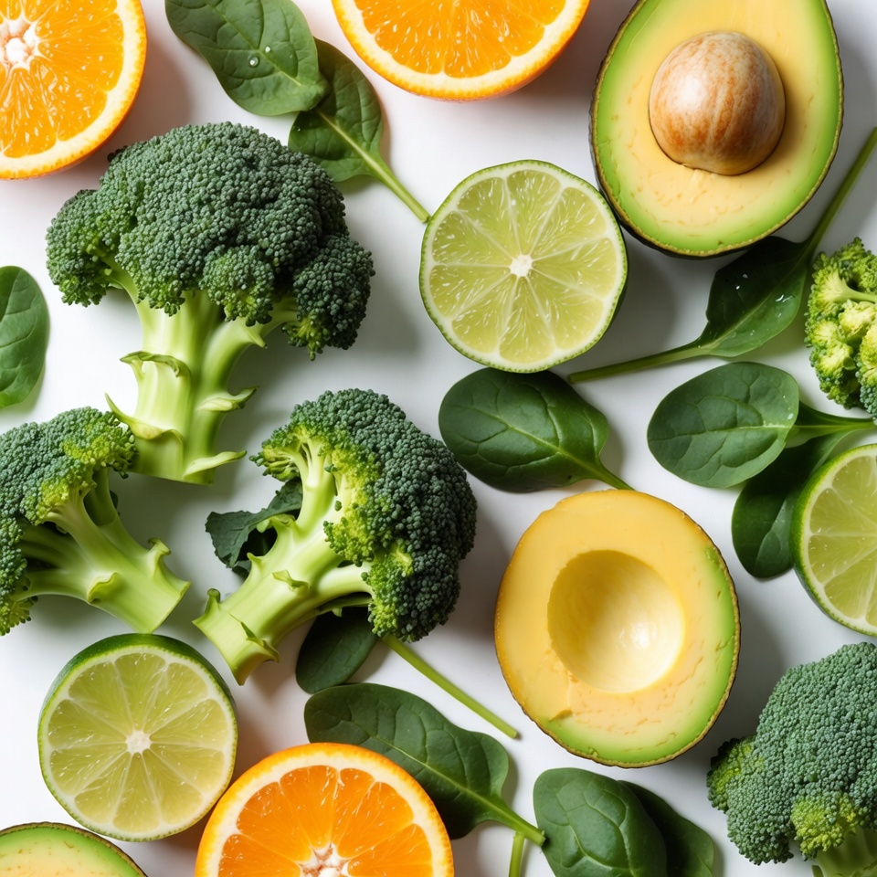 Fresh fruits and vegetables on white surface Fresh fruits and vegetables on white surface