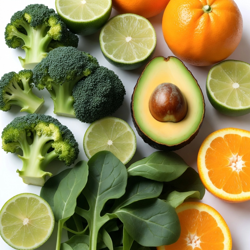 Fresh vegetables and fruits on a white surface Fresh vegetables and fruits on a white surface