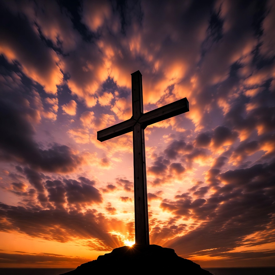 Cross at sunset with clouded sky Cross at sunset with clouded sky