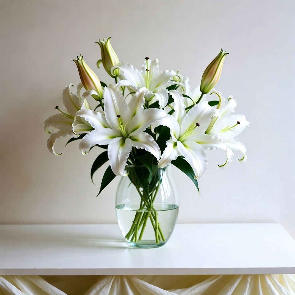 White lilies in clear vase on table White lilies in clear vase on table