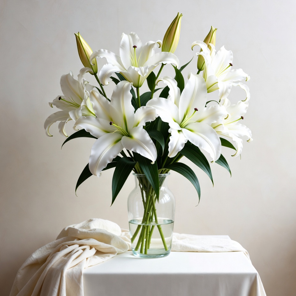 White lilies in a vase indoors White lilies in a vase indoors