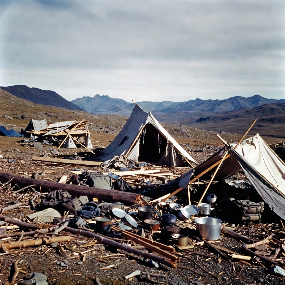 Tents and cooking gear in mountain landscape Tents and cooking gear in mountain landscape