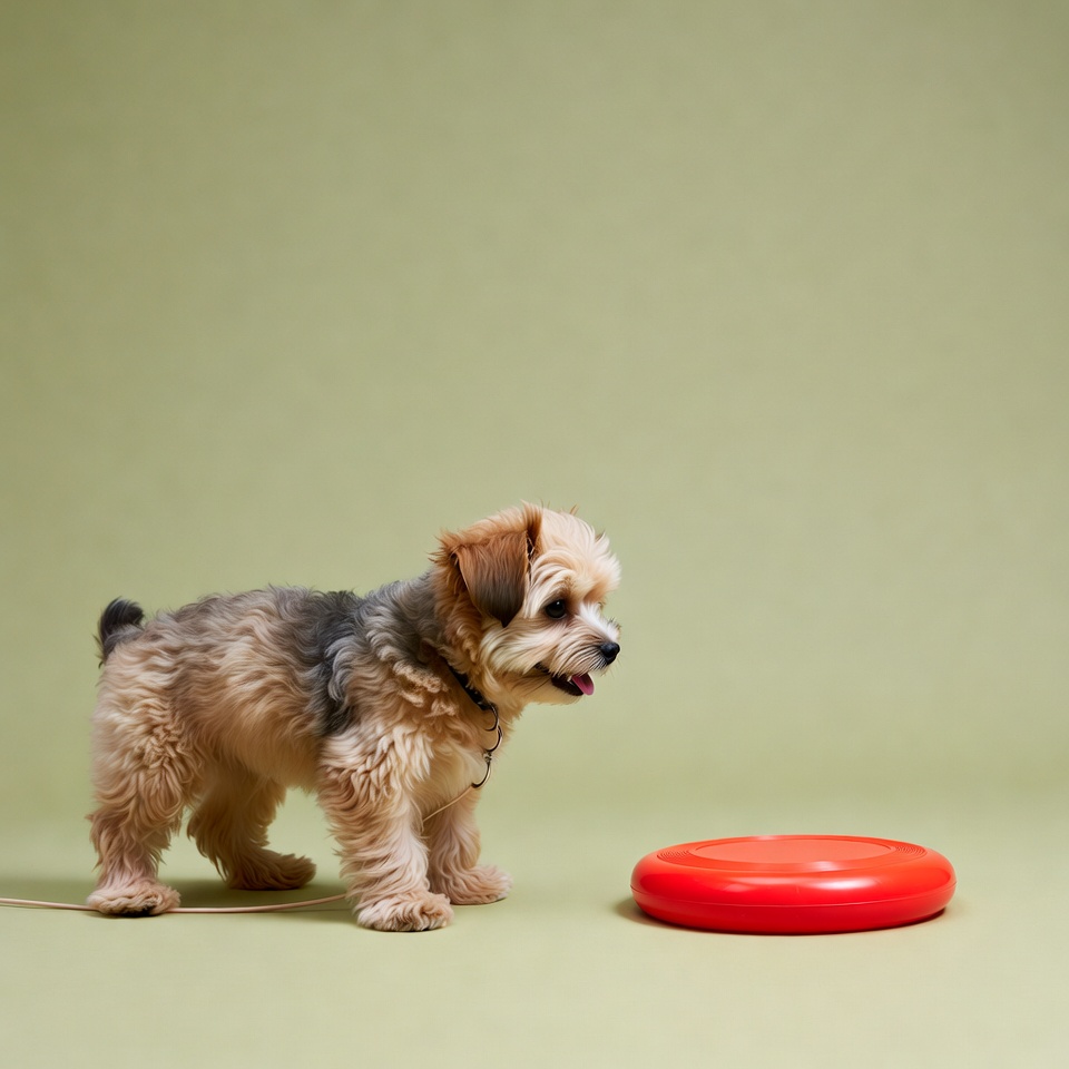 Dog plays with red frisbee indoors Dog plays with red frisbee indoors