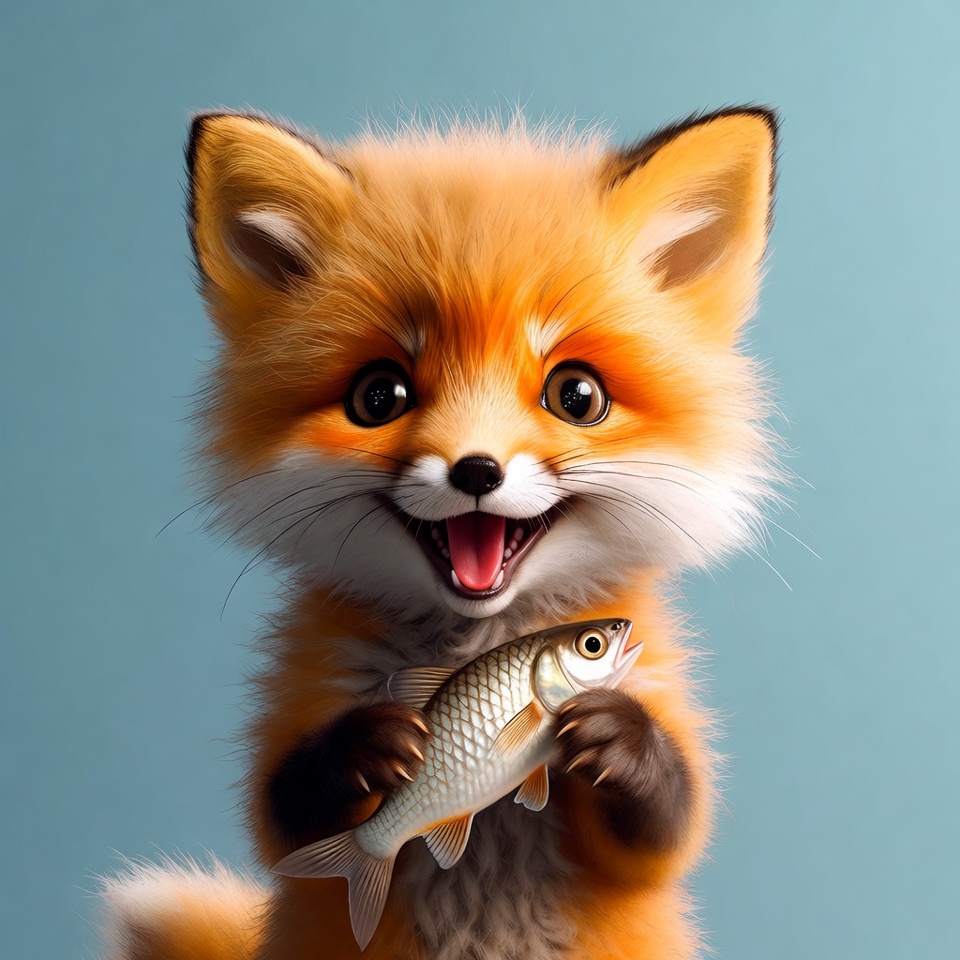 Cute fox holding a fish Cute fox holding a fish
