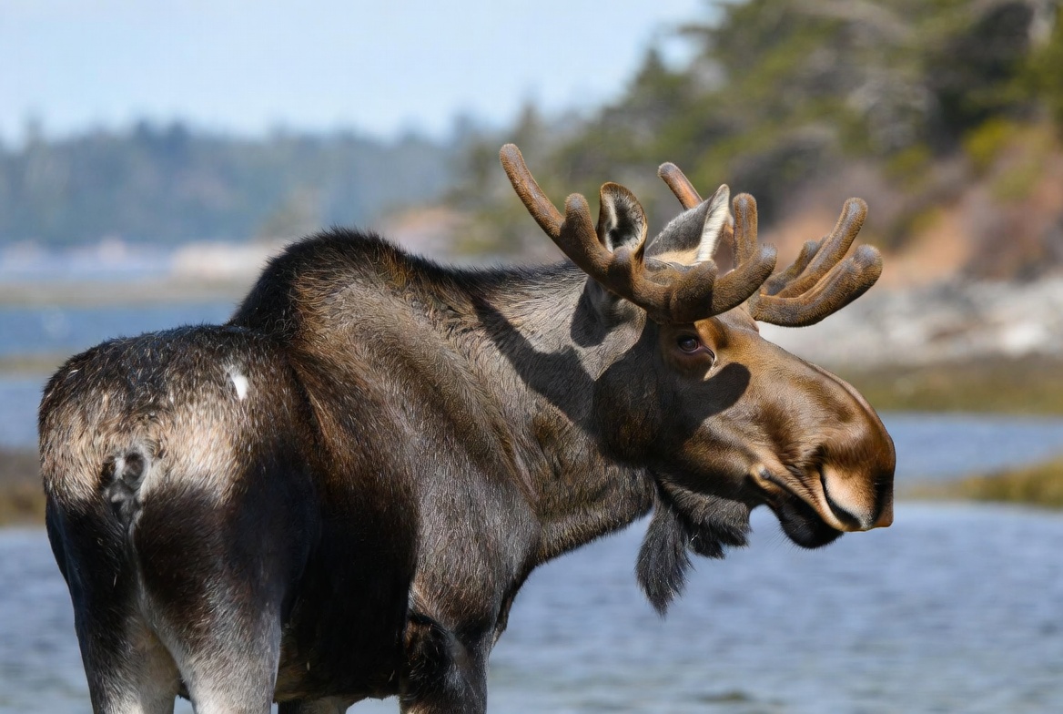 Moose near water on coastline Moose near water on coastline