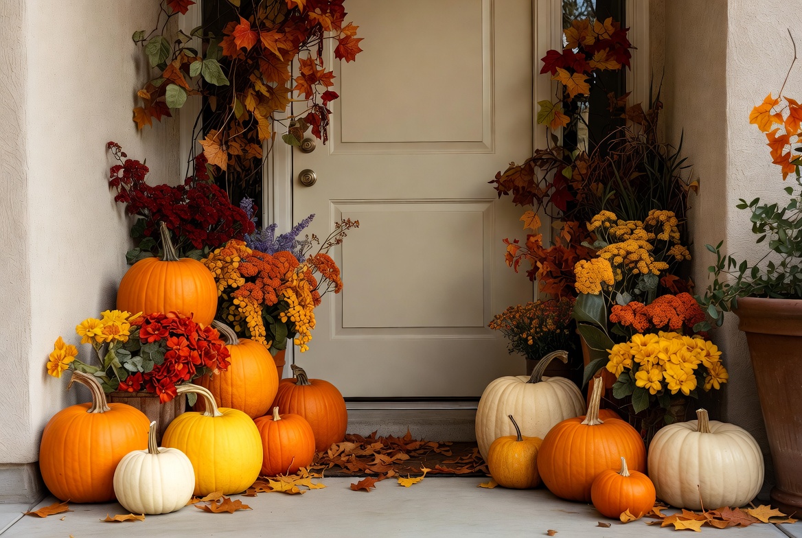Fall decorations on porch with pumpkins Fall decorations on porch with pumpkins