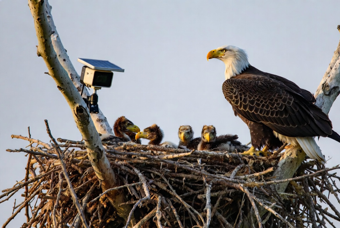 Eagles watch over their young in nest Eagles watch over their young in nest