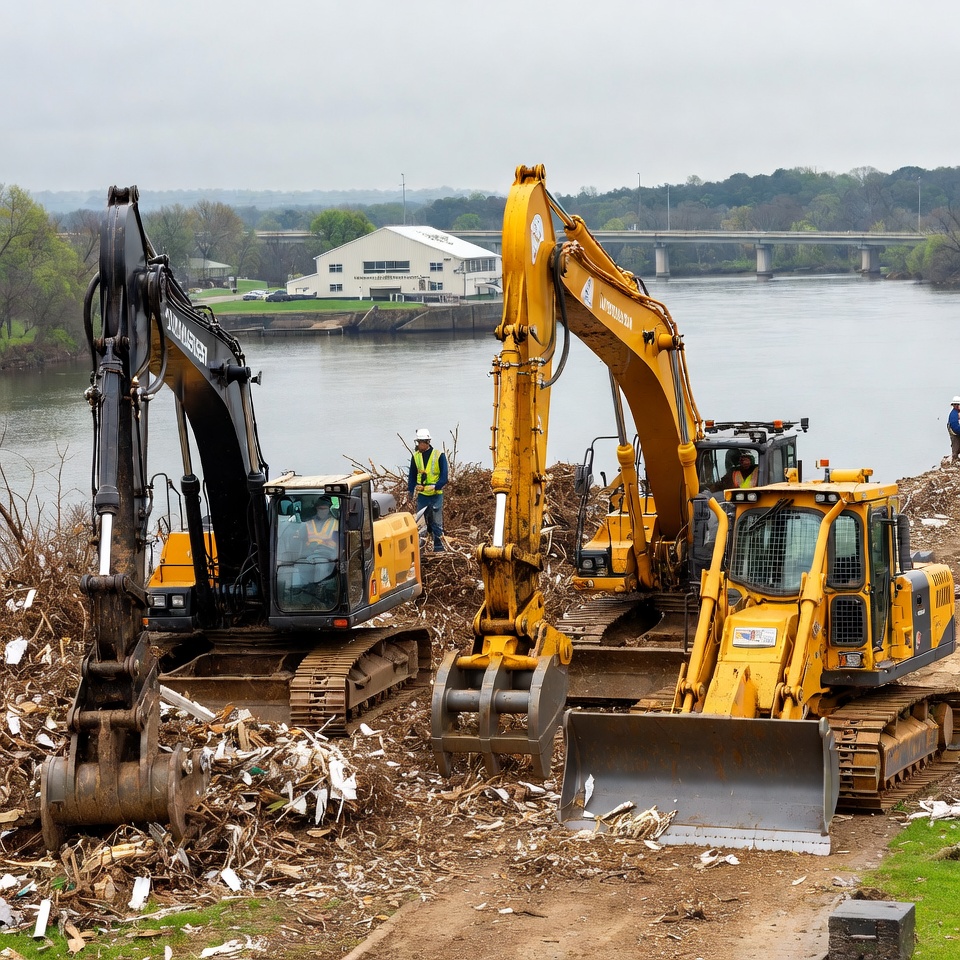 Heavy machinery at river cleanup site Heavy machinery at river cleanup site