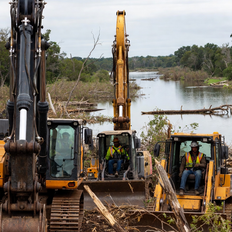Heavy machinery clear river debris Heavy machinery clear river debris
