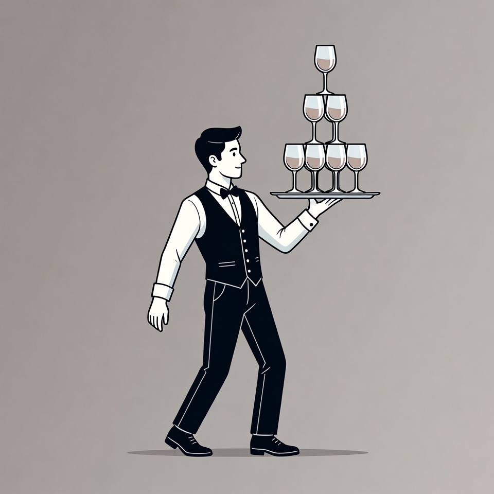 Waiter carrying stacked glasses on tray Waiter carrying stacked glasses on tray