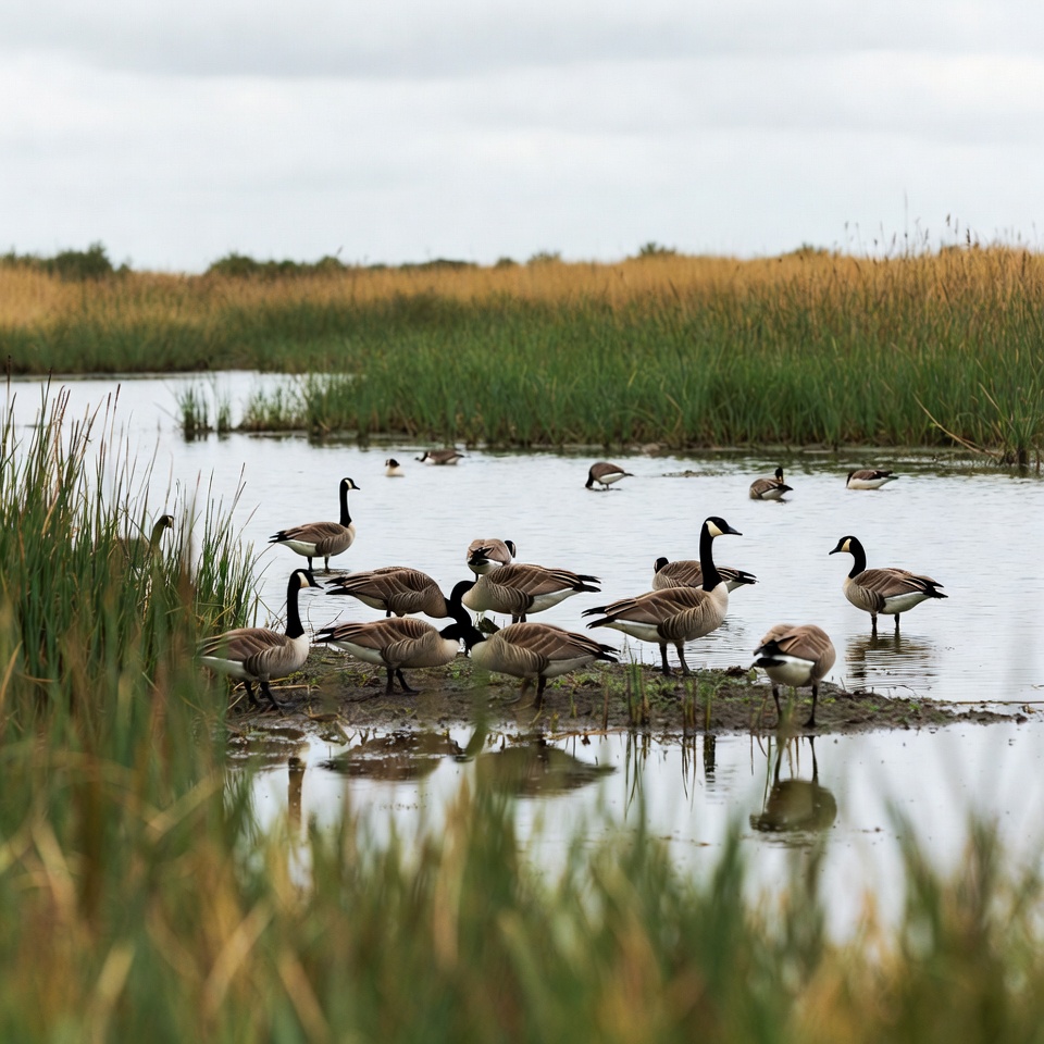 Geese gathering by the water shore Geese gathering by the water shore
