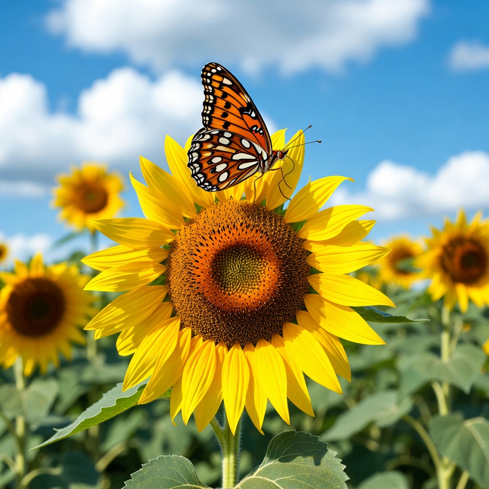 Butterfly on sunflower in field Butterfly on sunflower in field