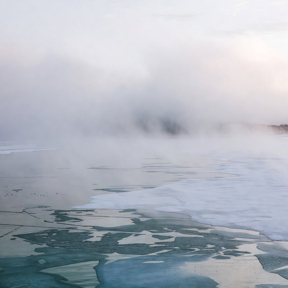 Mist over frozen lake at dawn Mist over frozen lake at dawn