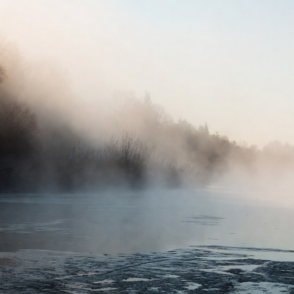 Mist over calm river at dawn Mist over calm river at dawn