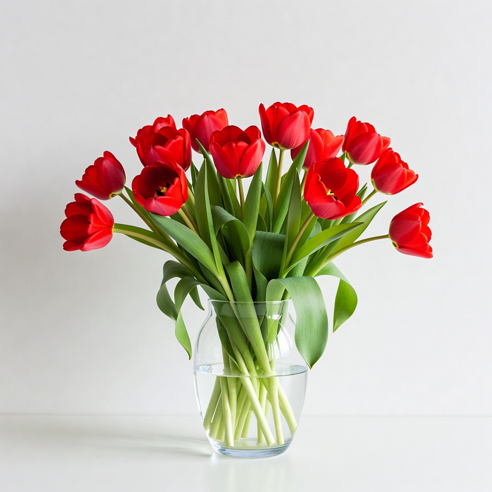 Bright red tulips in clear vase Bright red tulips in clear vase