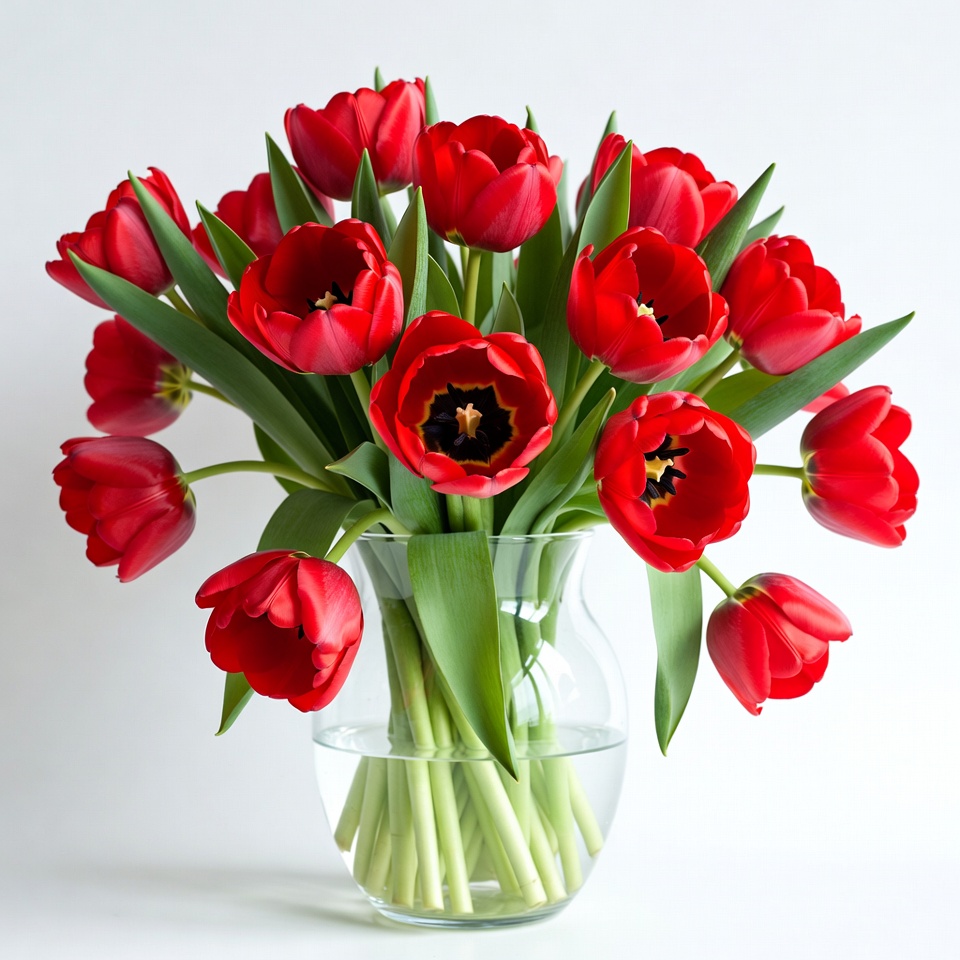 Red tulips in clear vase on table Red tulips in clear vase on table