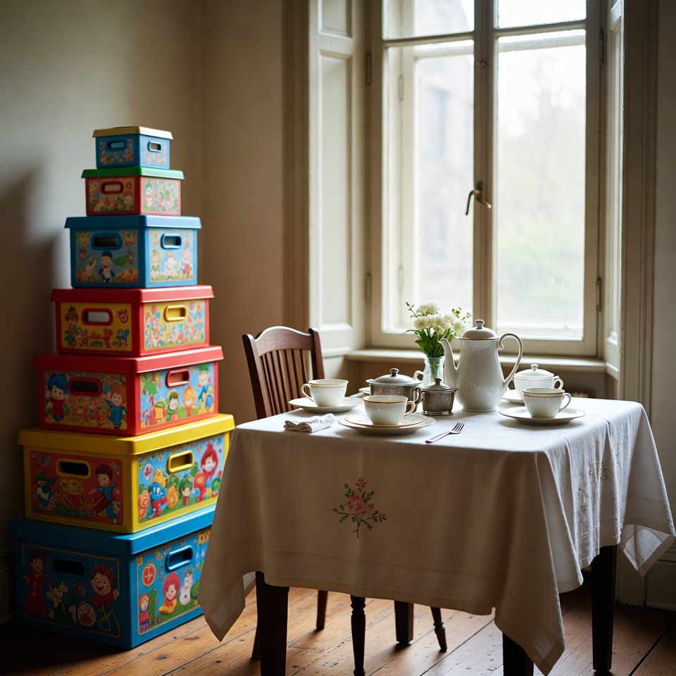 Tea setup with colorful storage boxes Tea setup with colorful storage boxes