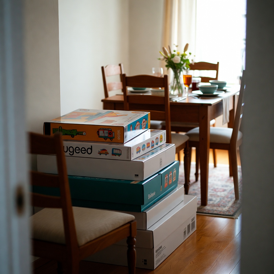 Stacked boxes in a dining area Stacked boxes in a dining area