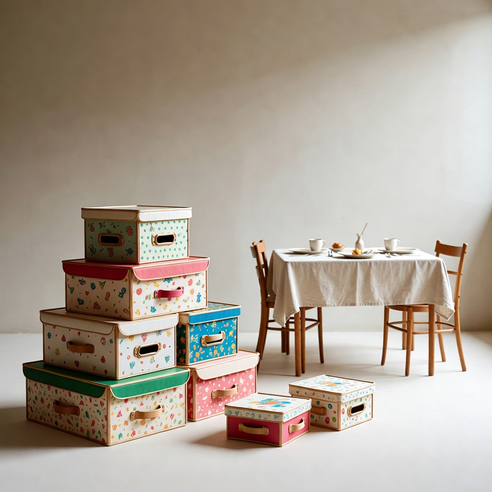 Boxes stacked near dining table with chairs Boxes stacked near dining table with chairs