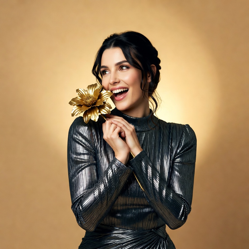 Woman with golden flower smiling Woman with golden flower smiling