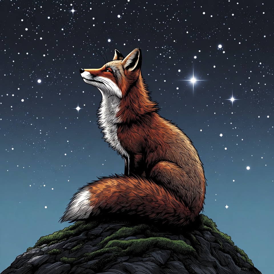 Fox sitting on rock under stars Fox sitting on rock under stars