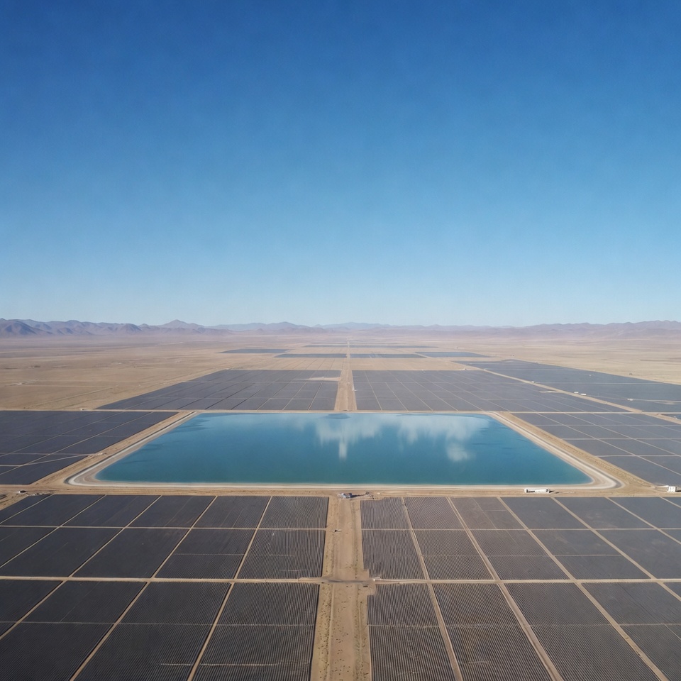 Solar panels and water body in desert Solar panels and water body in desert