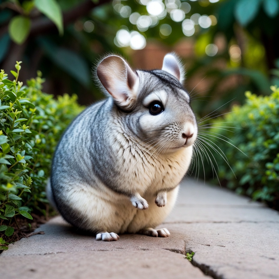 Chinchilla in garden path near bushes Chinchilla in garden path near bushes