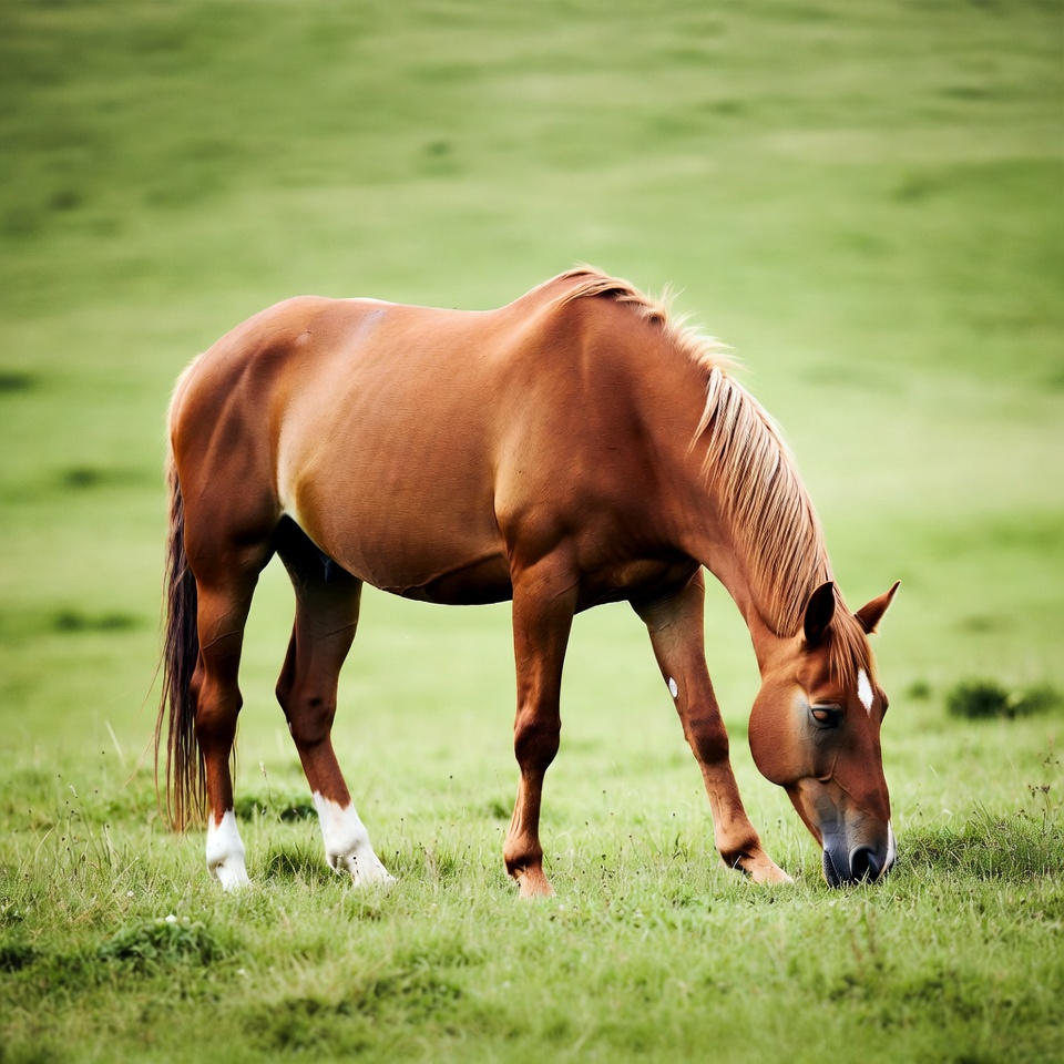 Brown horse grazes in green field Brown horse grazes in green field