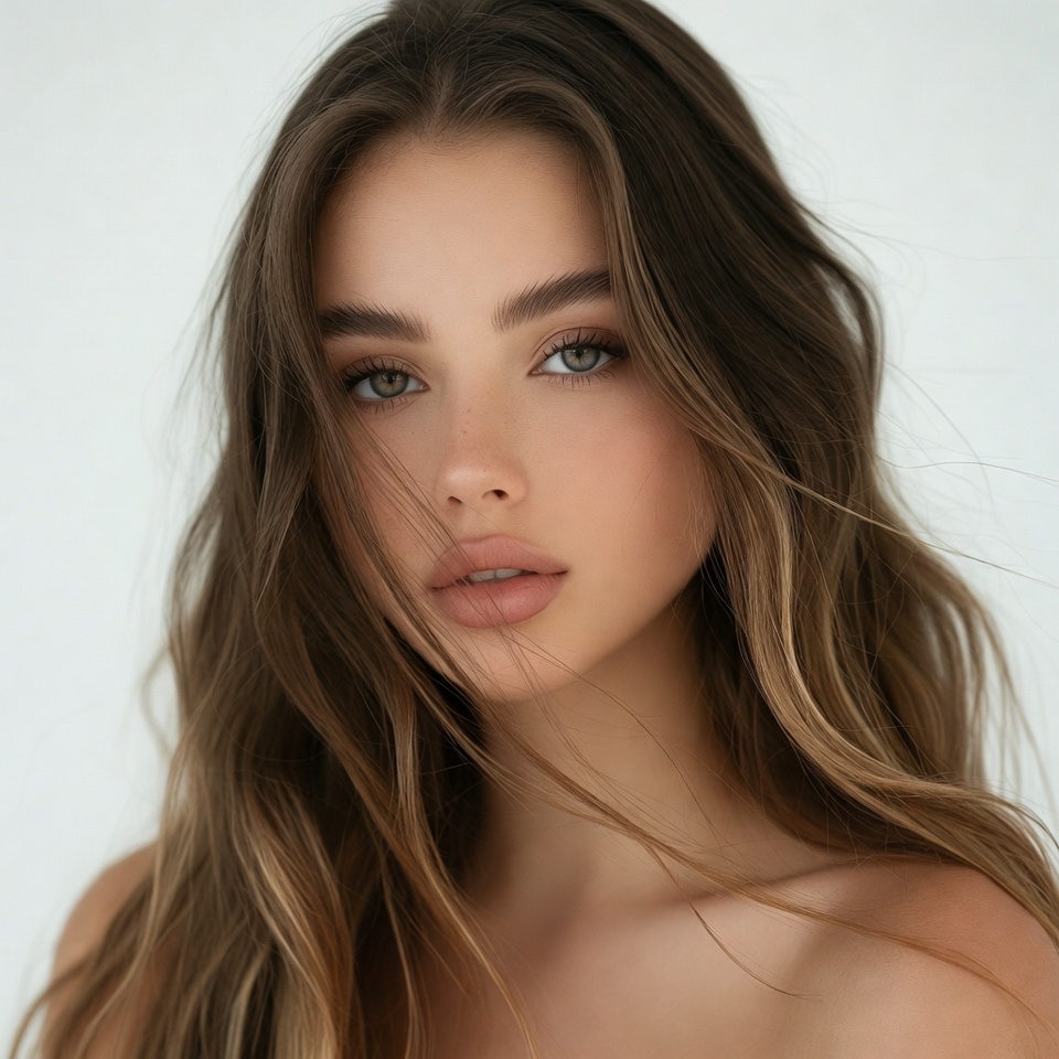 Woman with long hair poses indoors Woman with long hair poses indoors