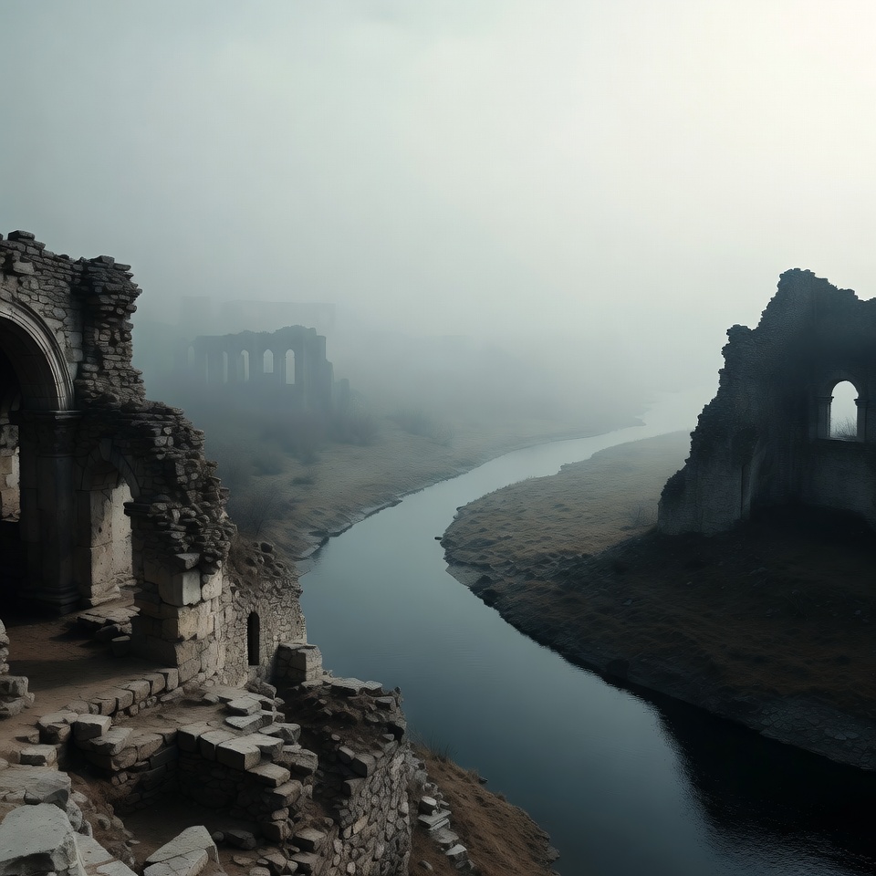 Ruins beside a river in fog Ruins beside a river in fog