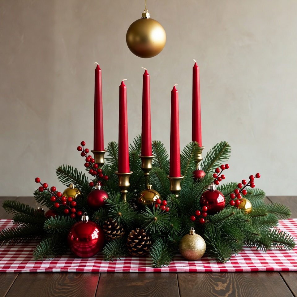 Holiday centerpiece with candles and decorations Holiday centerpiece with candles and decorations