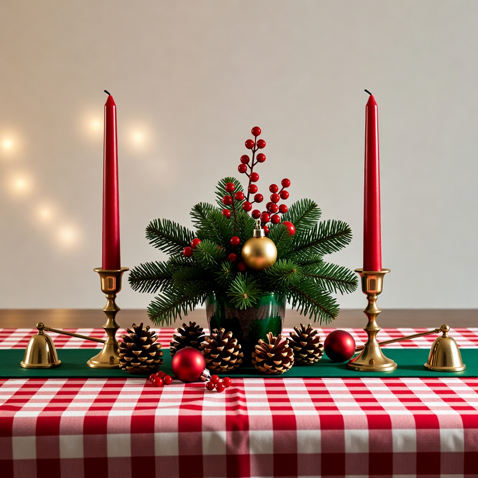 Holiday table setting with candles and decor Holiday table setting with candles and decor