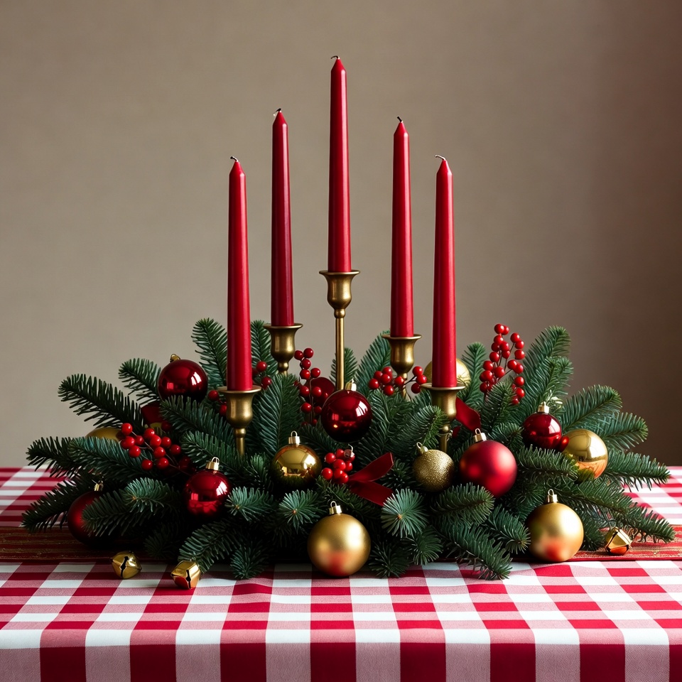 Holiday candle arrangement on a table Holiday candle arrangement on a table